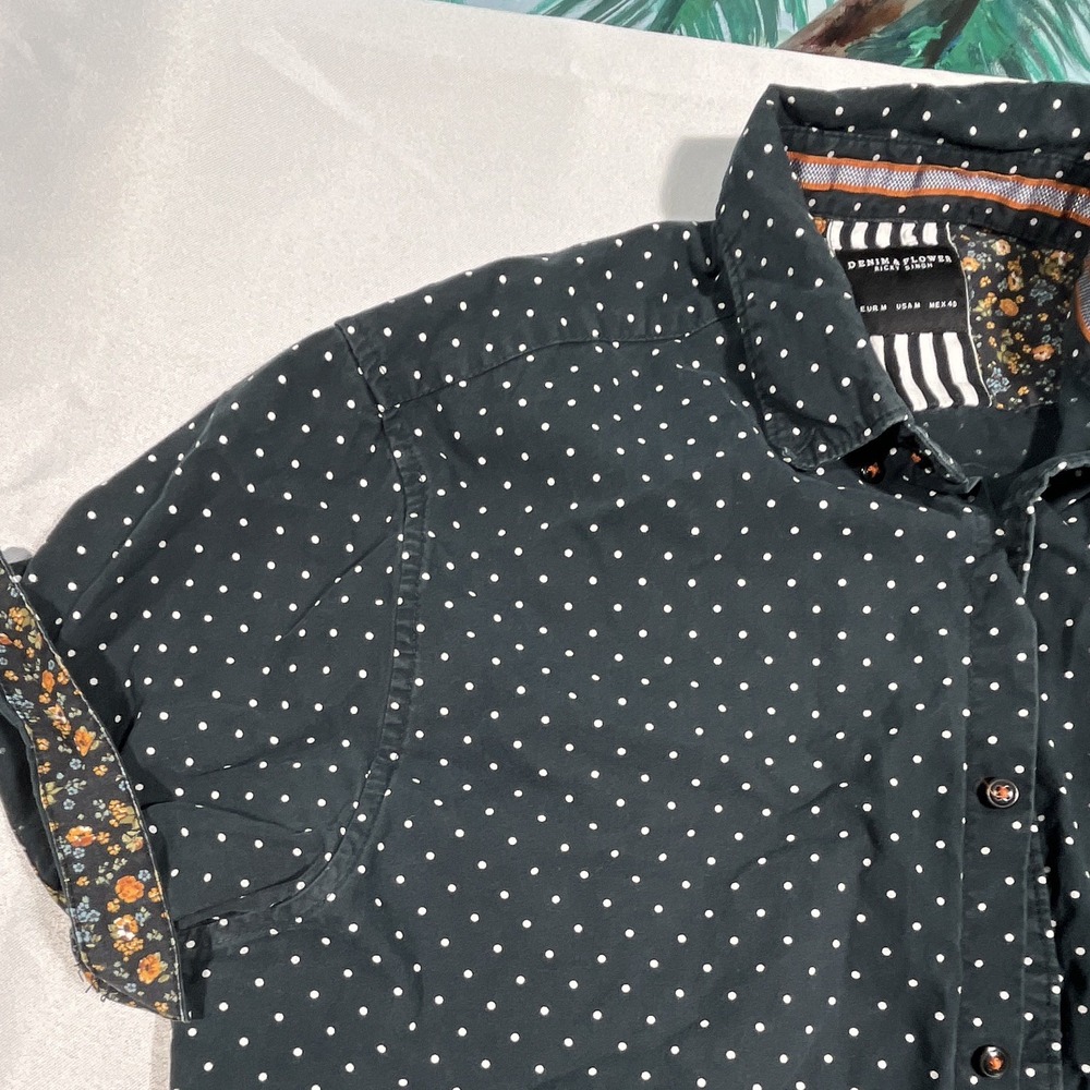 Denim & Flower Ricky Singh Men's Woven Black White Polka Dot Button-Up Shirt M - Picture 2 of 8